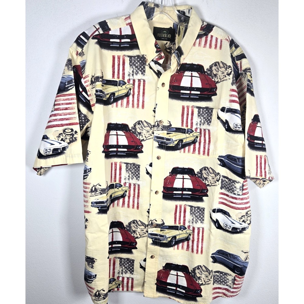Red Head Mens Muscle Car American Flag Button Up Shirt Cream XL Cotton 8153